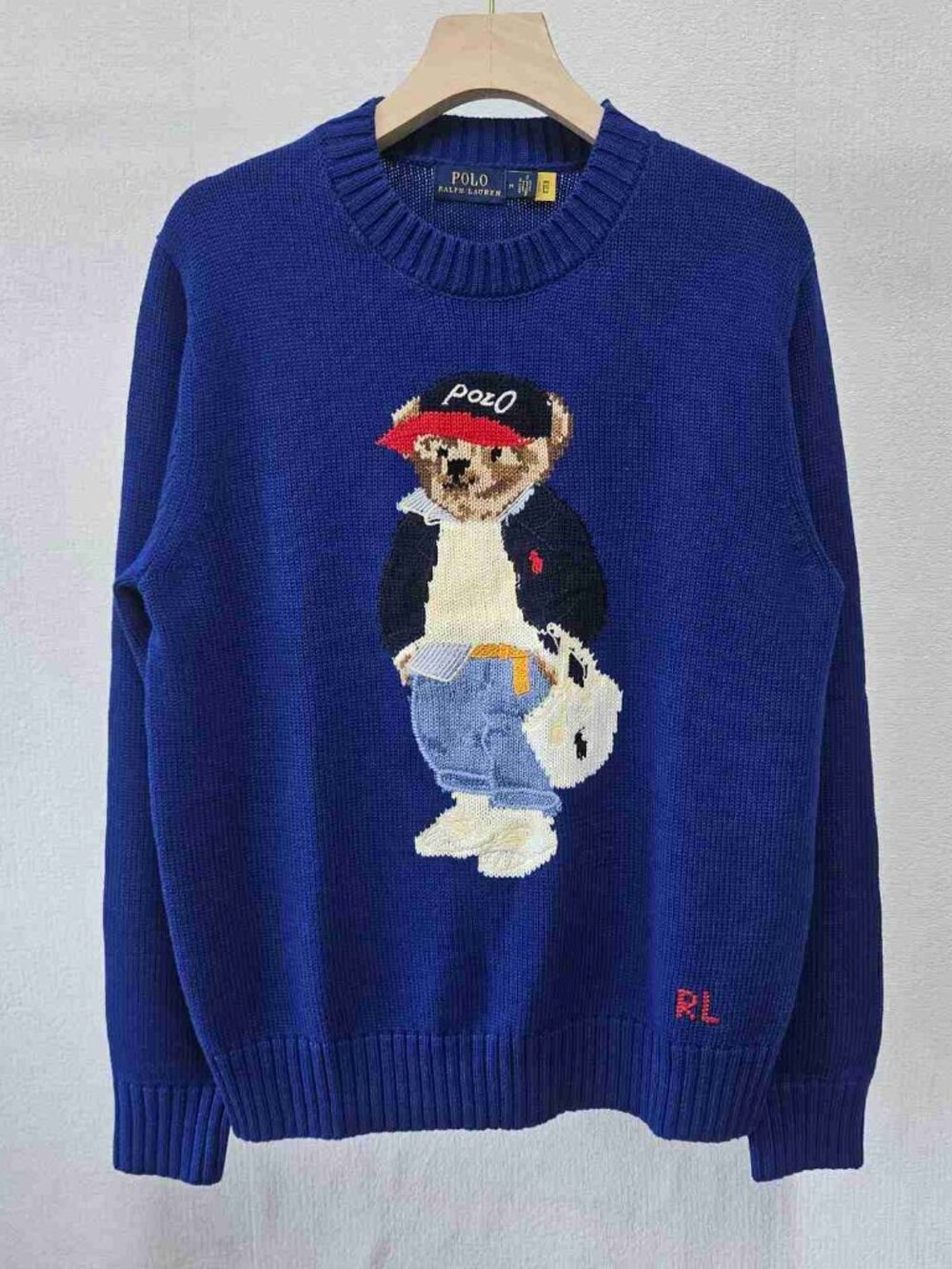 Polo Ralph Lauren Royal Blue Street‑Style Polo Bear Crewneck Knit Sweater
